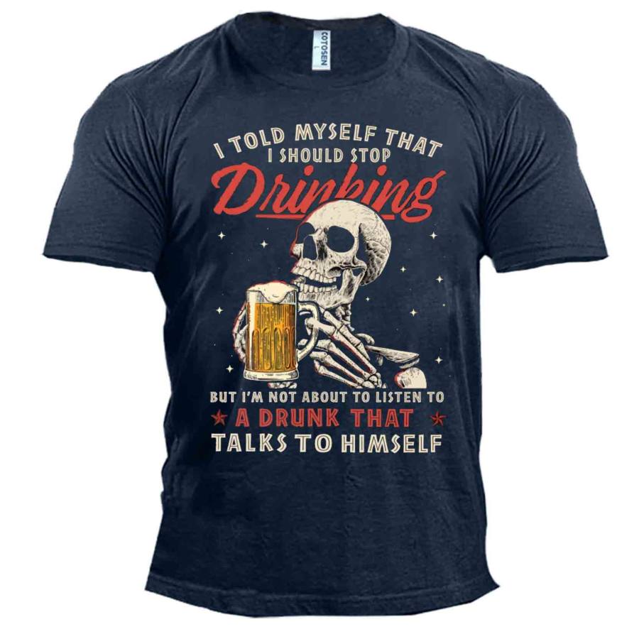

Men's Skull Drinking Beer Print Cotton T-Shirt