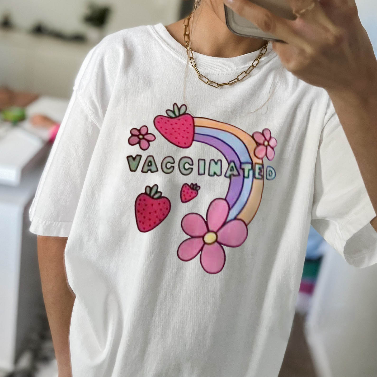 Women's Strawberry Rainbow Vaccinated Cotton Oversized T Shirt