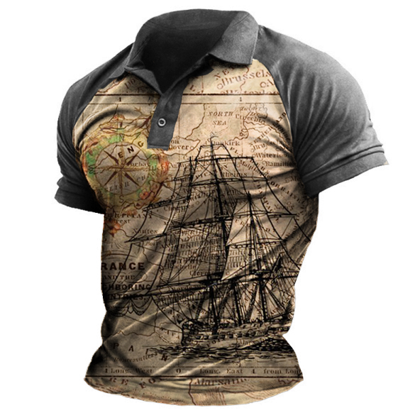 Men's Vintage Compass Sailboat Print Chic Polo T-shirt