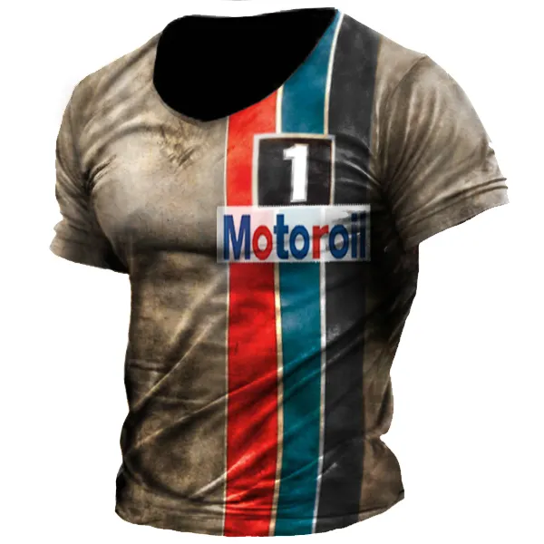 Motor Oil Vintage Print Men's Outdoor Short Sleeve T-Shirt - Blaroken.com 