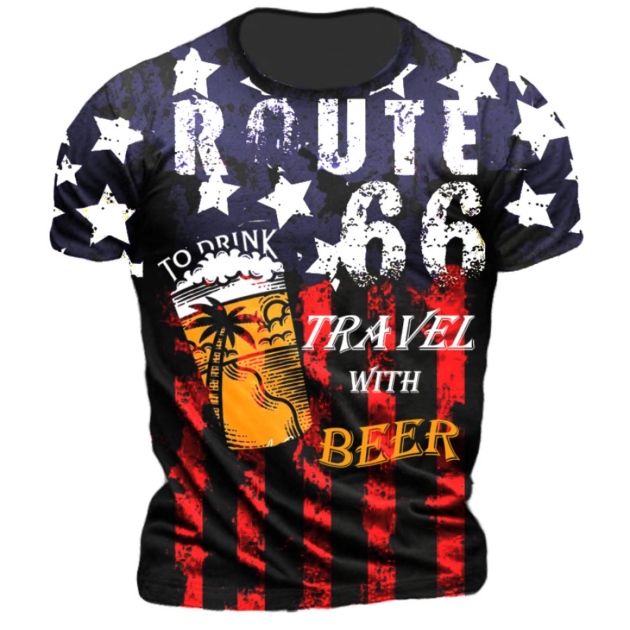 

Men's Route 66 Travel With Beer Print T-Shirt