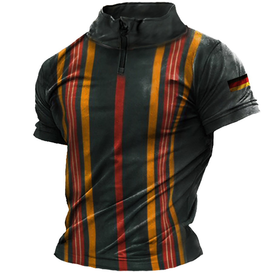 

Men's Outdoor German Flag Stripe Print Zip Stand Collar T-Shirt