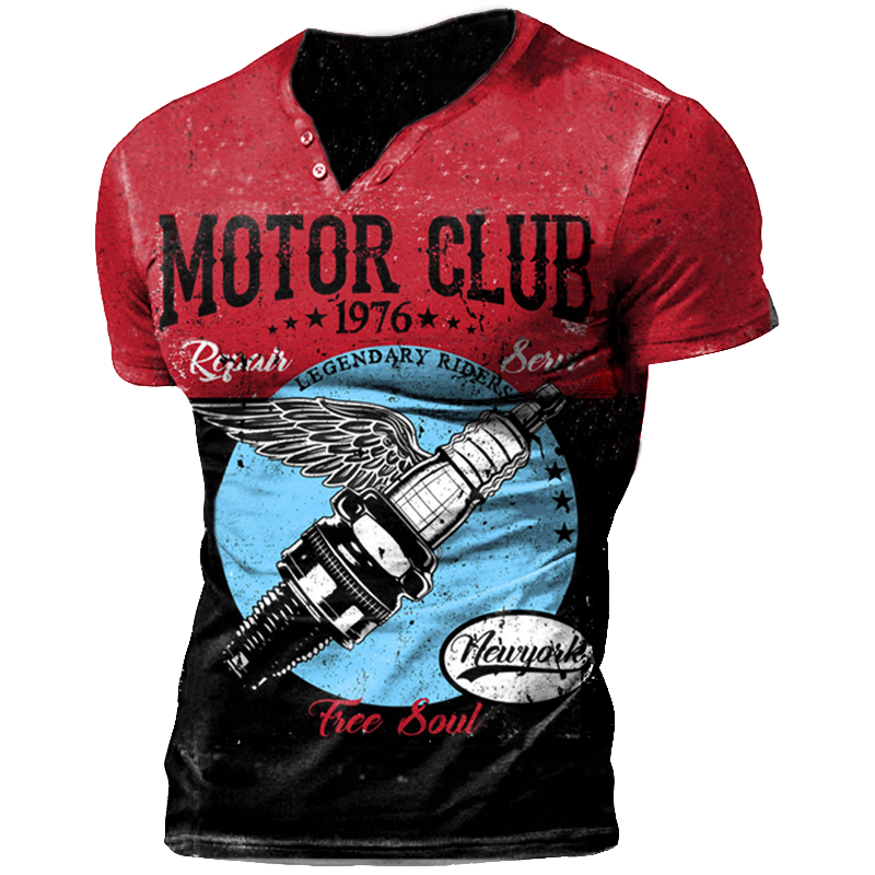 Men's Vintage Colorblock Motorcycle Chic Spark Plug Print T-shirt