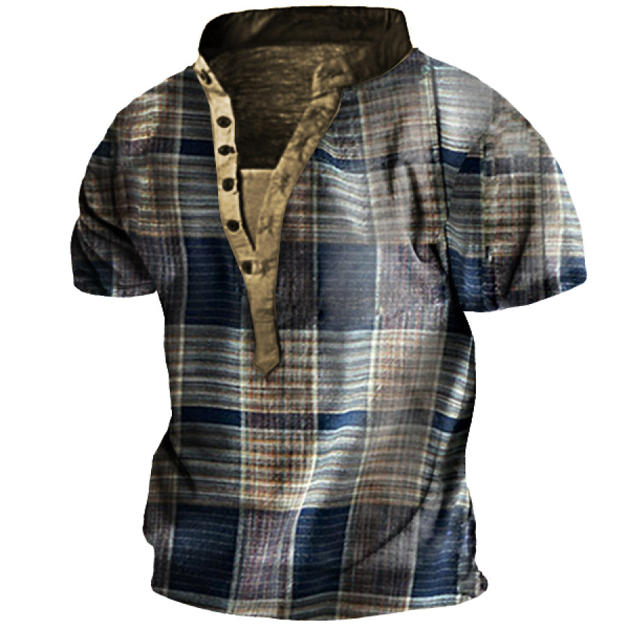 

Vintage Check Print Men's Outdoor Zip Retro Print Tactical Henley T-Shirt