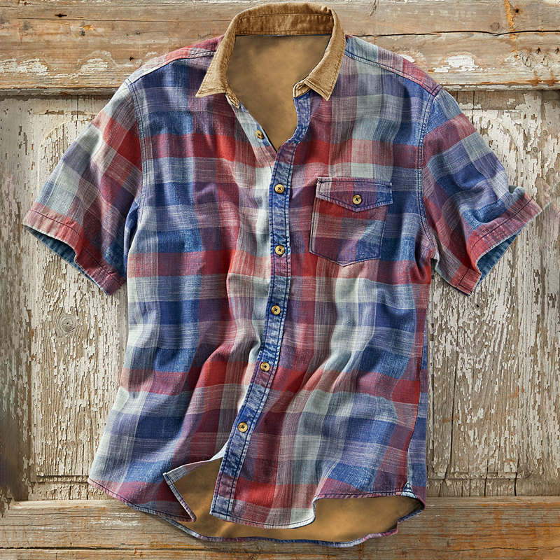 Vintage Check Print Men's Chic Outdoor Tactical Short Sleeve Shirt