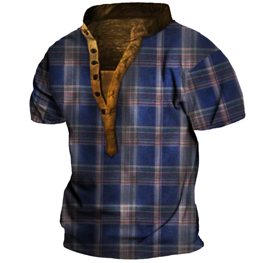 

Vintage Check Print Men's Outdoor Tactical Henley Short Sleeve T-Shirt