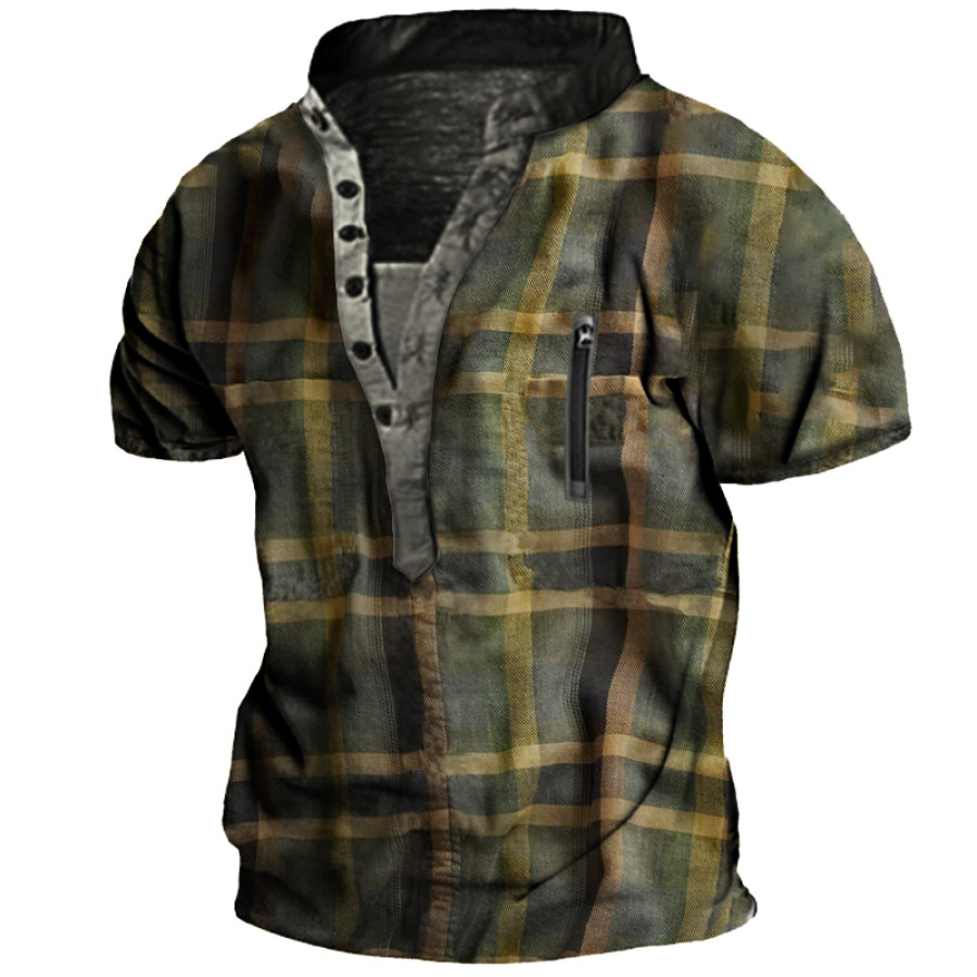 

Vintage Check Print Men's Vintage Henley Tactical T-Shirt