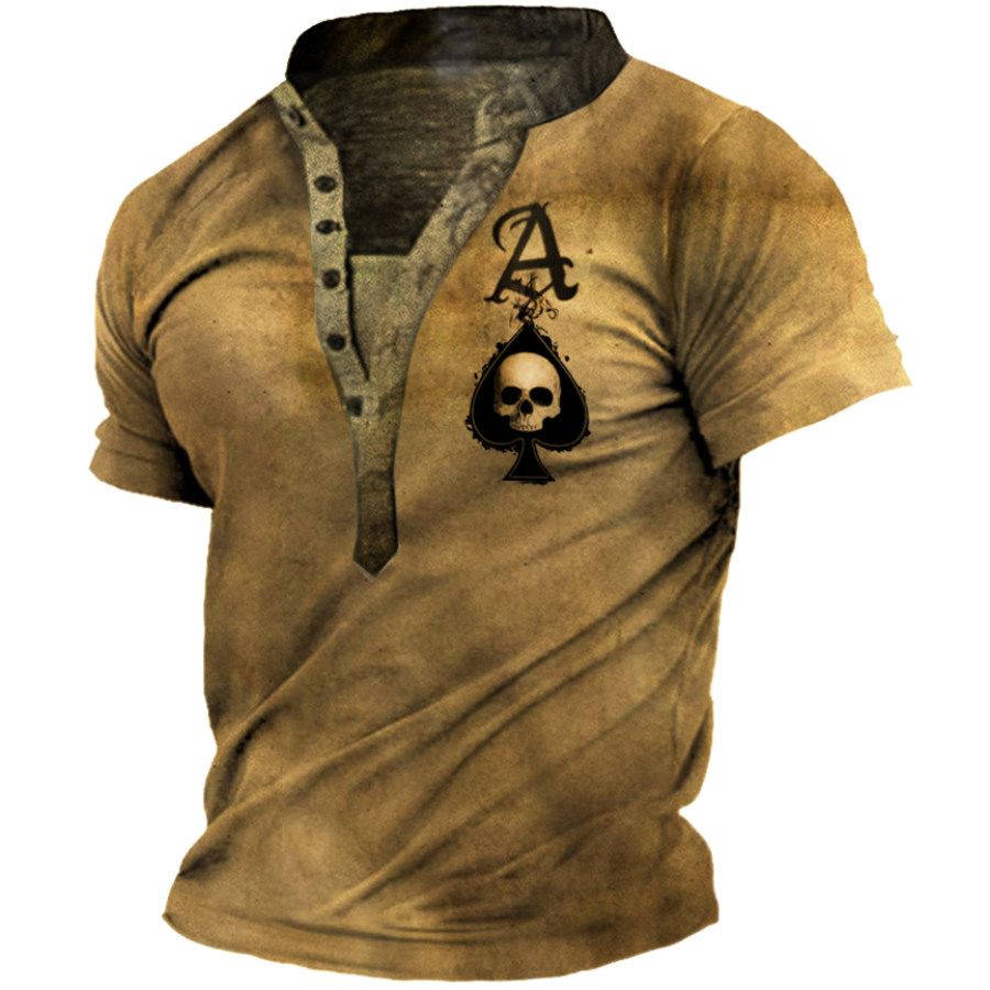

Ace A Playing Card Skull Men's Vintage Henley Tactical T-Shirt