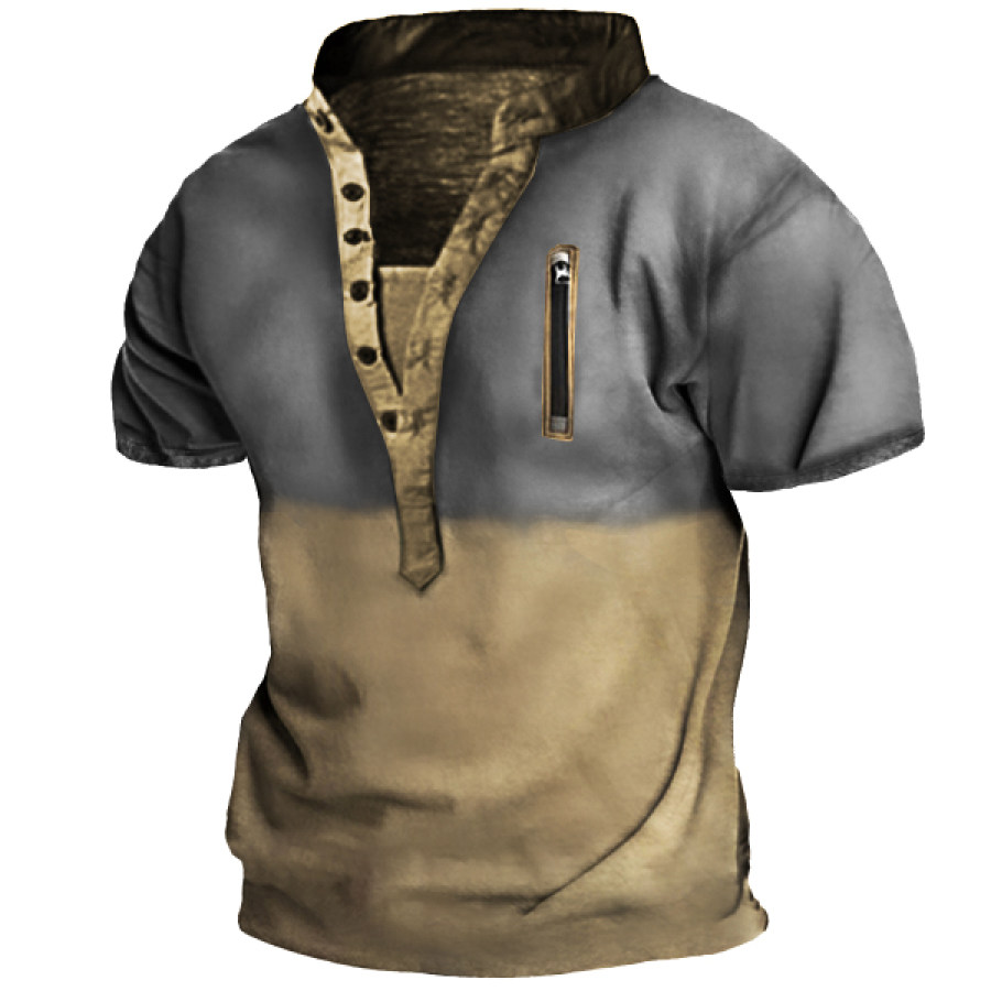 

Men's Outdoor Zip Retro Print Tactical Henley Short Sleeve T-Shirt