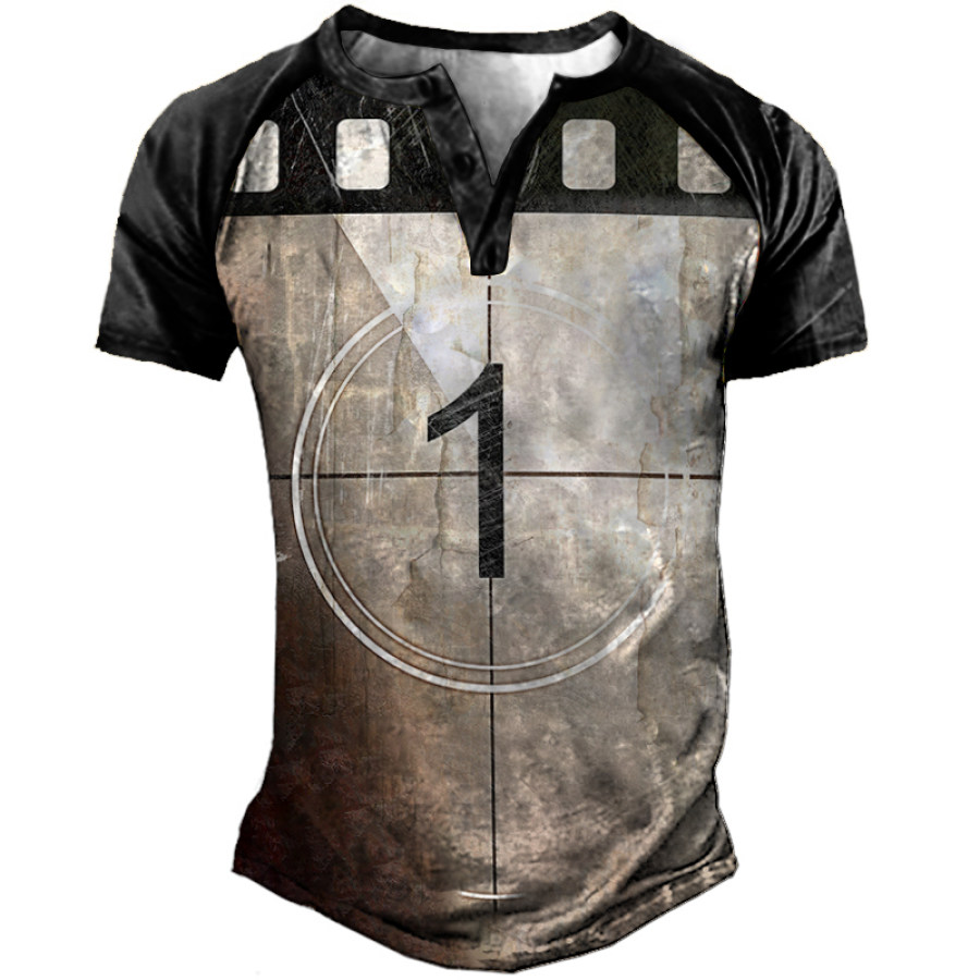 

Movie Countdown Men's Vintage Print Henley Short Sleeve T-Shirt