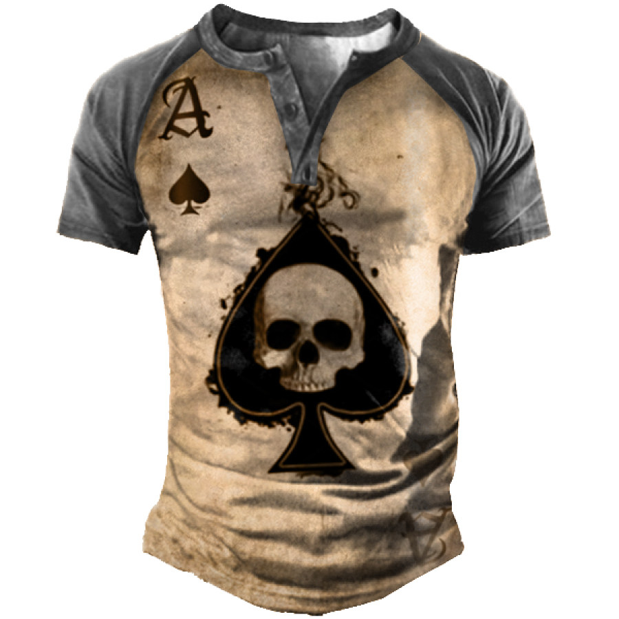 

Skull Playing Cards Men's Vintage Print Henley Short Sleeve T-Shirt
