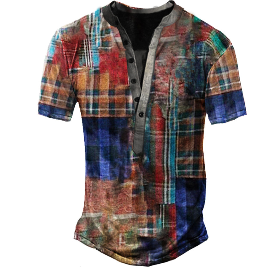 

Men's Vintage Colorblock Check Print Men's Outdoor Henley Short Sleeve T-Shirt