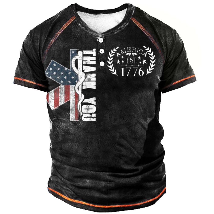 

American 1776 Men's Washed Vintage Distressed Military Henley Collar T-Shirt