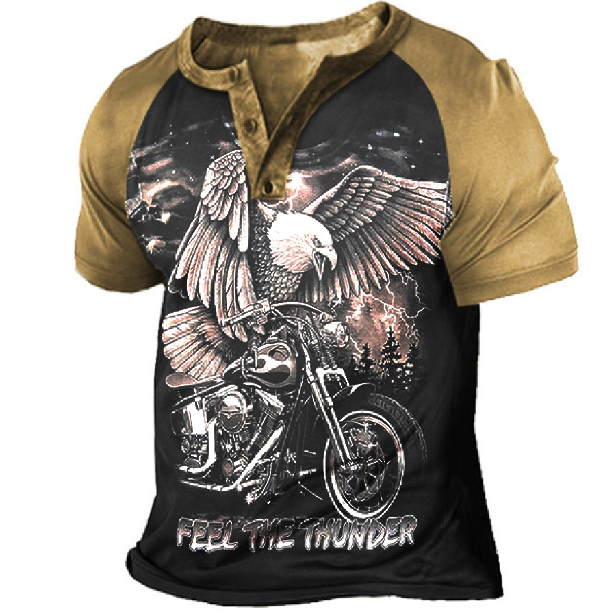 

Men's Outdoor Motorcycle Eagle Print Henley T-Shirt