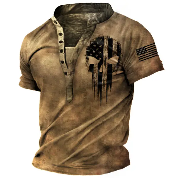 Men's Outdoor American Flag Skull Henley T-Shirt - Kalesafe.com 