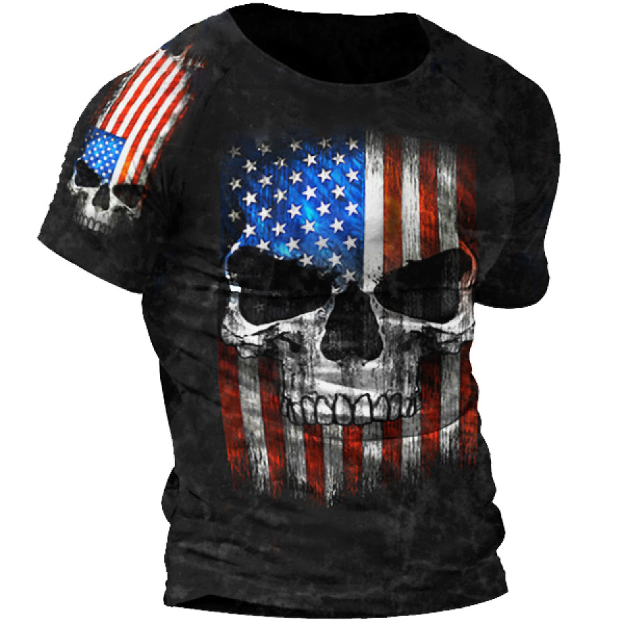 

American Flag Skull Retro Print Men's Outdoor Casual Short Sleeve T-Shirt