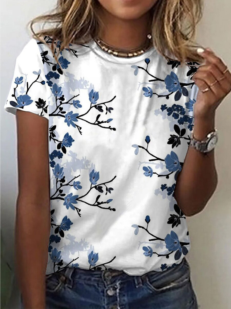 Women's Floral Print Round Neck Chic Short Sleeve T-shirt