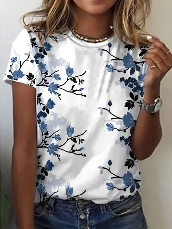 Women's Floral Print Round Neck Short Sleeve T-shirt - Oasisjoy.com 