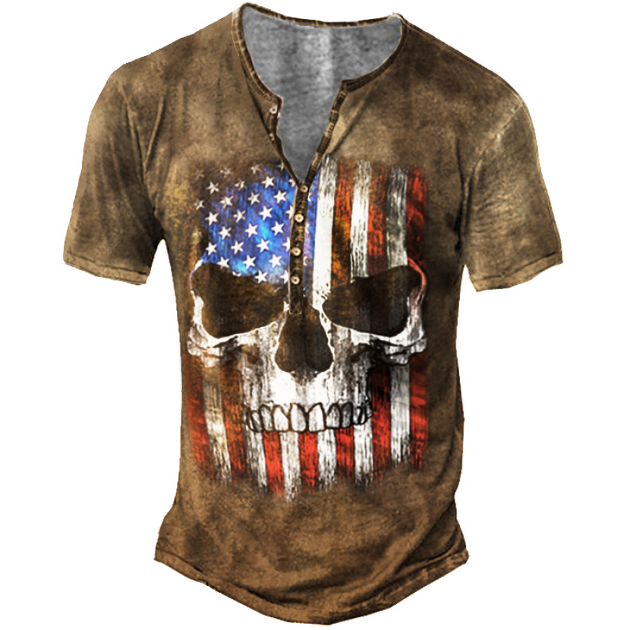 

American Flag Men's Skull Retro Print Men's Outdoor Henley Short Sleeve T-Shirt