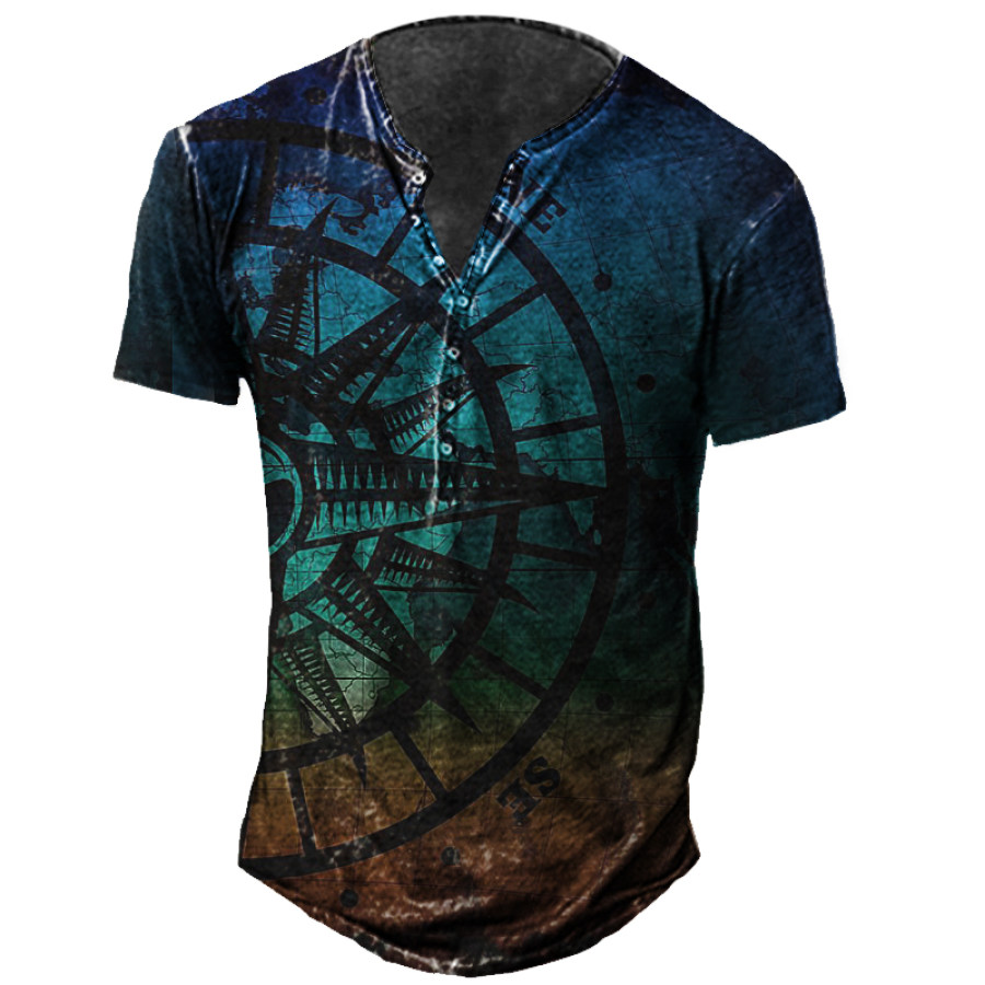 

Men's Vintage World Map Compass Print Henley Collar Short Sleeves Shirt