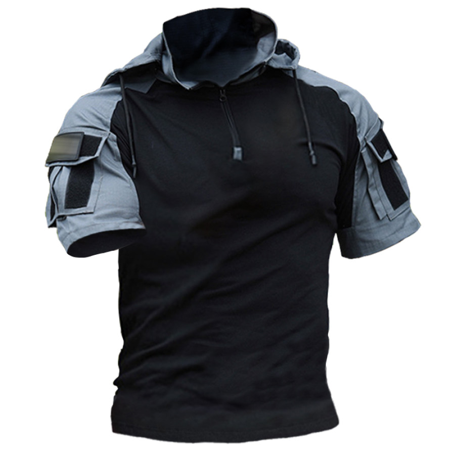 

Men's Tactical Multi-Pocket Multi-Piece Panel Hooded Henley Shirt