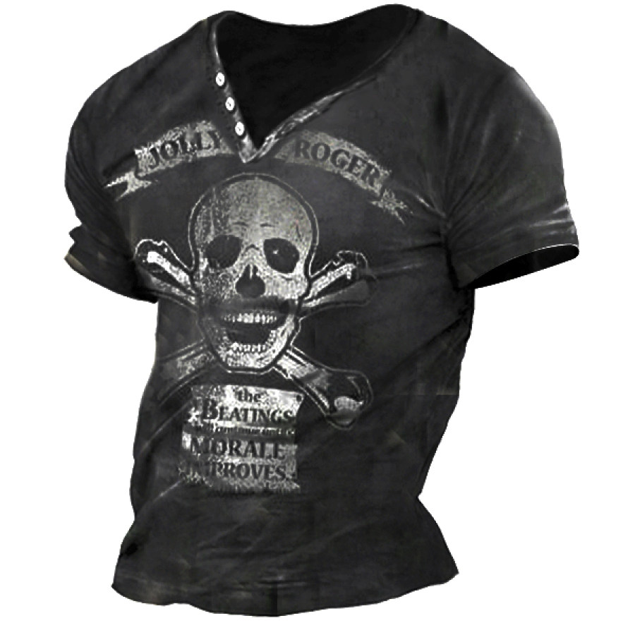 

Men's V-Neck Skull Henley Neck T-Shirt