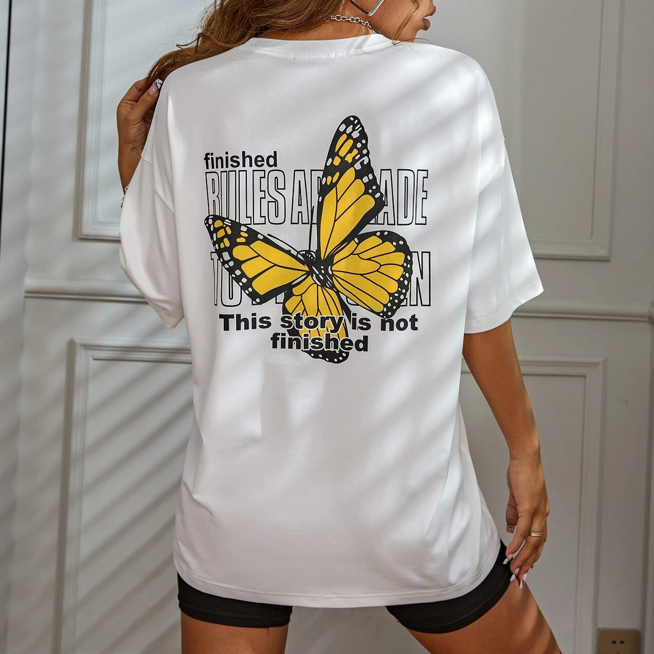 Women's Butterfly Print Cotton Oversized T Shirt