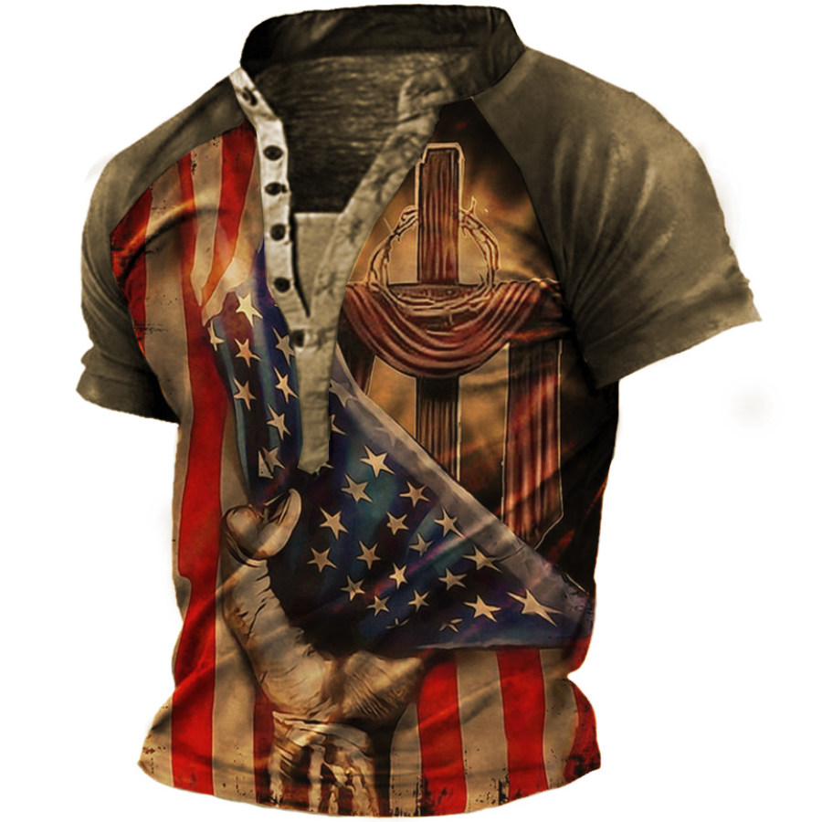 

Men's Jesus Flag Henley Short Sleeve T-Shirt