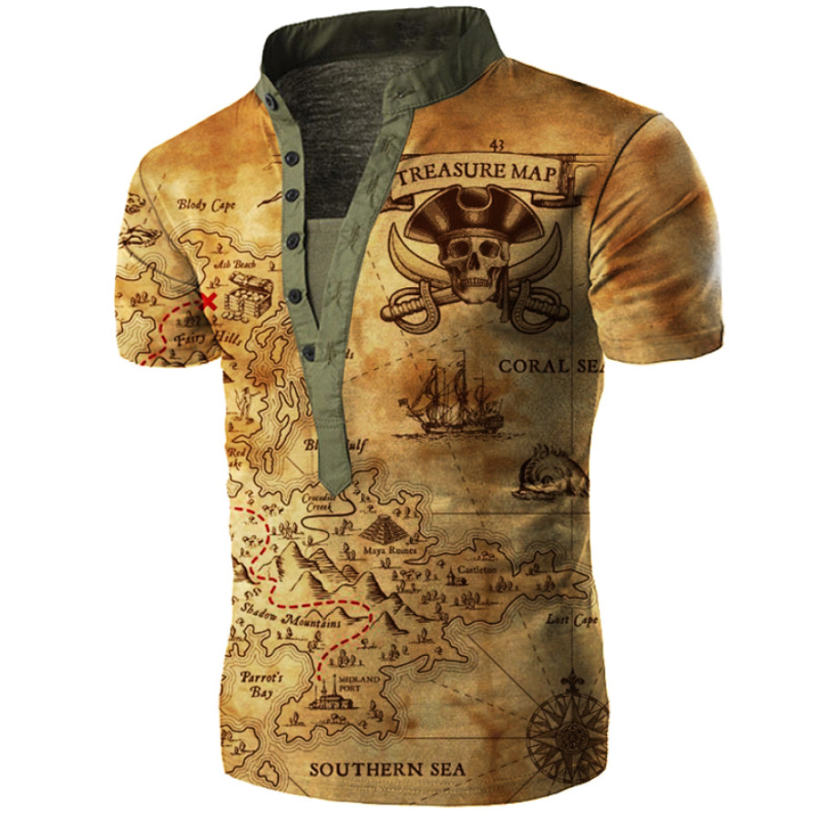 

Old Vintage Treasure Map Men's Outdoor Vintage Henley Collar Tactical T-Shirt