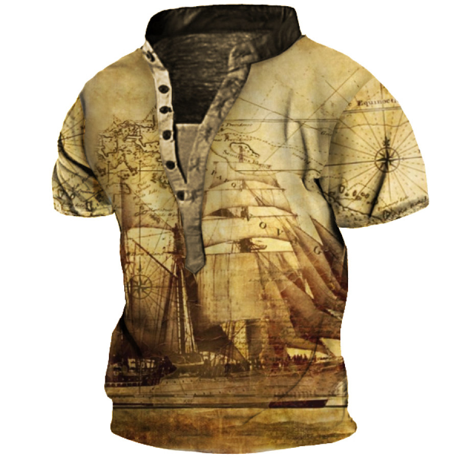 

The Oldest World Map Ship Men's Outdoor Vintage Henley Collar Tactical T-Shirt