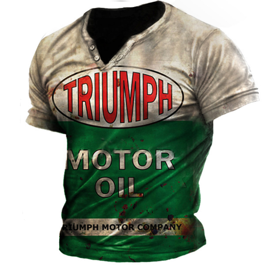 

Men's Retro Motorcycle Gasoline Print Henley Collar Short Sleeve T-Shirt