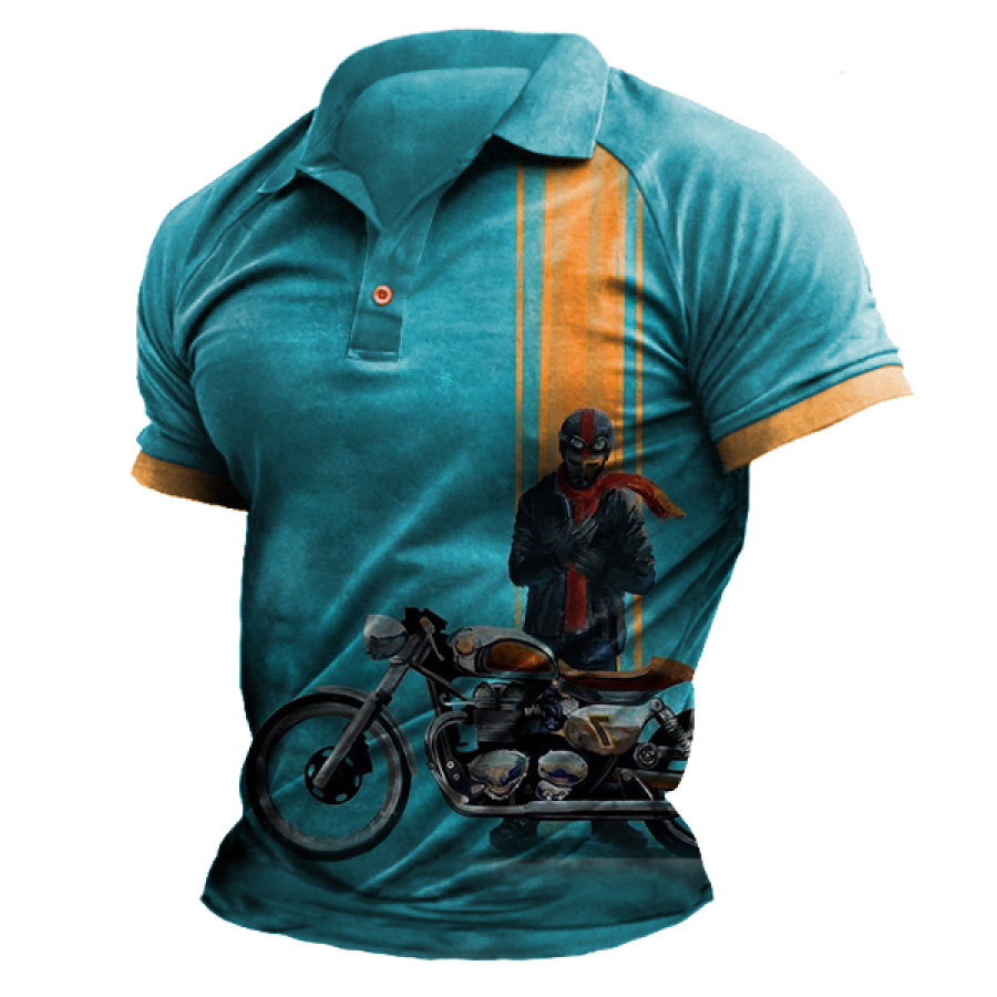 

Men's Vintage Motorcycle Race Stripe Print Polo Neck T-Shirt