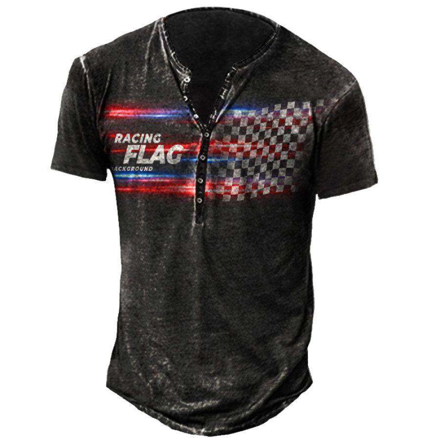 

Men's Vintage Racing Flag Print Henley Collar T-Shirt