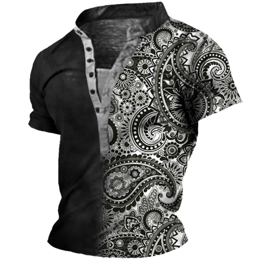 

Men's Vintage Western Pattern Henley Collar T-Shirt