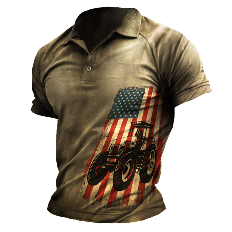 

Men's Outdoor Vintage Flag Print Jeep Print Henley Shirt