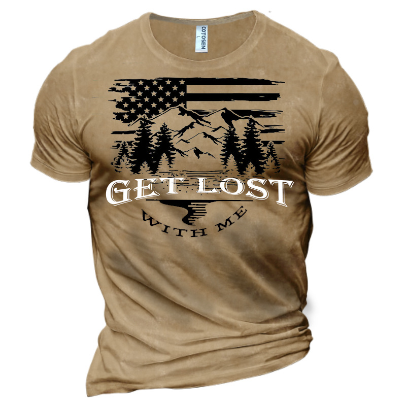 Get Lost With Me Chic Men's Hiking And Camping Flag Cotton T-shirt
