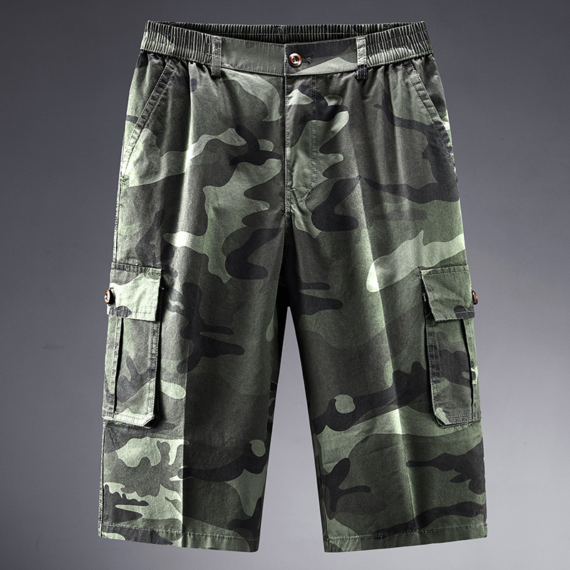 Men's Outdoor Multiple Pockets Chic Camouflage Stretch Waist 3/4 Long Tactical Shorts