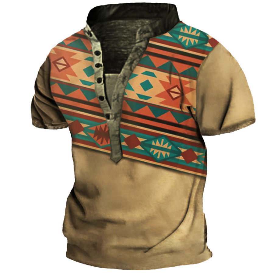 

Men's Vintage Southwestern Tribal Pattern FabricTactical Henley T-Shirt
