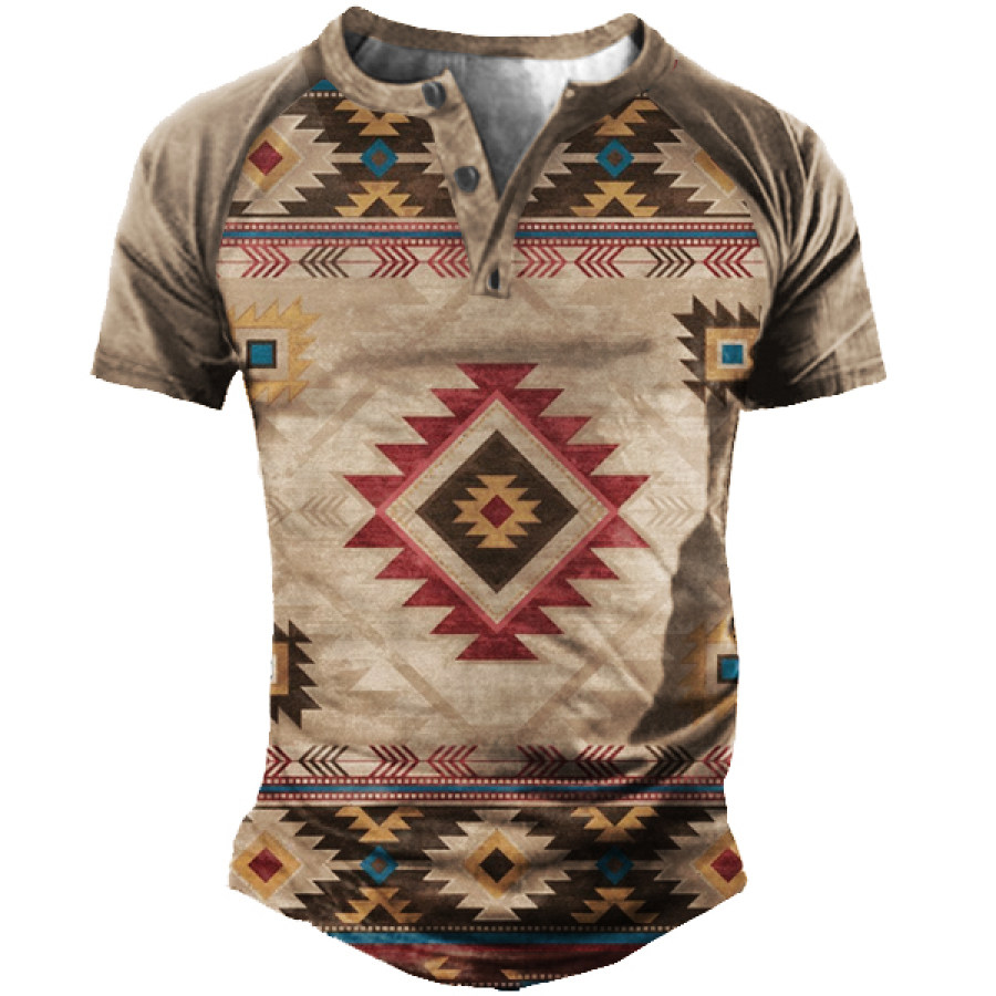 

Men's Vintage Aztec Ethnic Pattern Tactical Henley T-Shirt