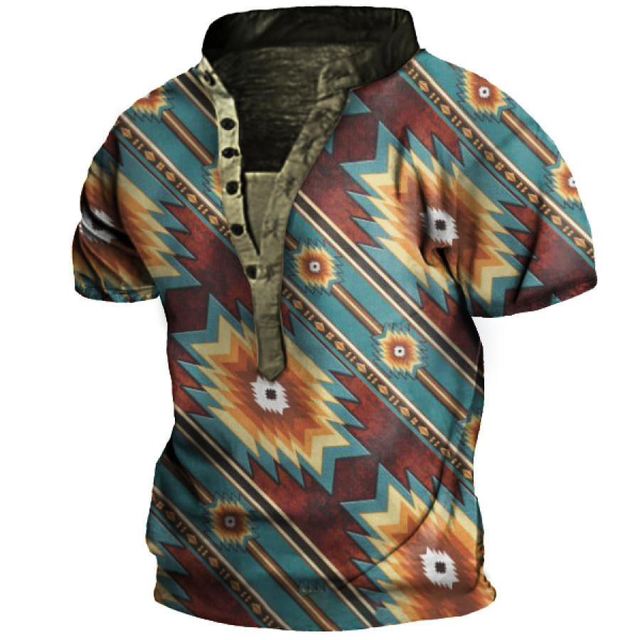 

Men's Vintage Southwestern Tribal Pattern FabricTactical Henley T-Shirt