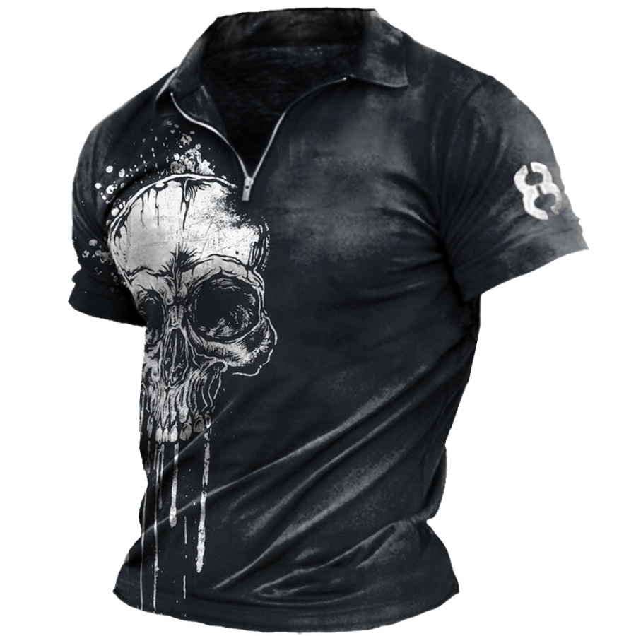 

Men's Outdoor Tactical Skull Print Zip T-Shirt