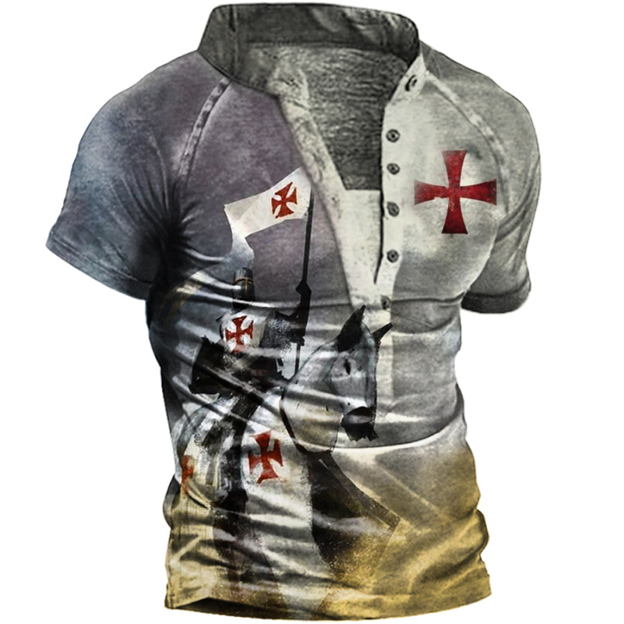 

Men's Vintage Temple Jesus Cross Print Henley Collar T-Shirt