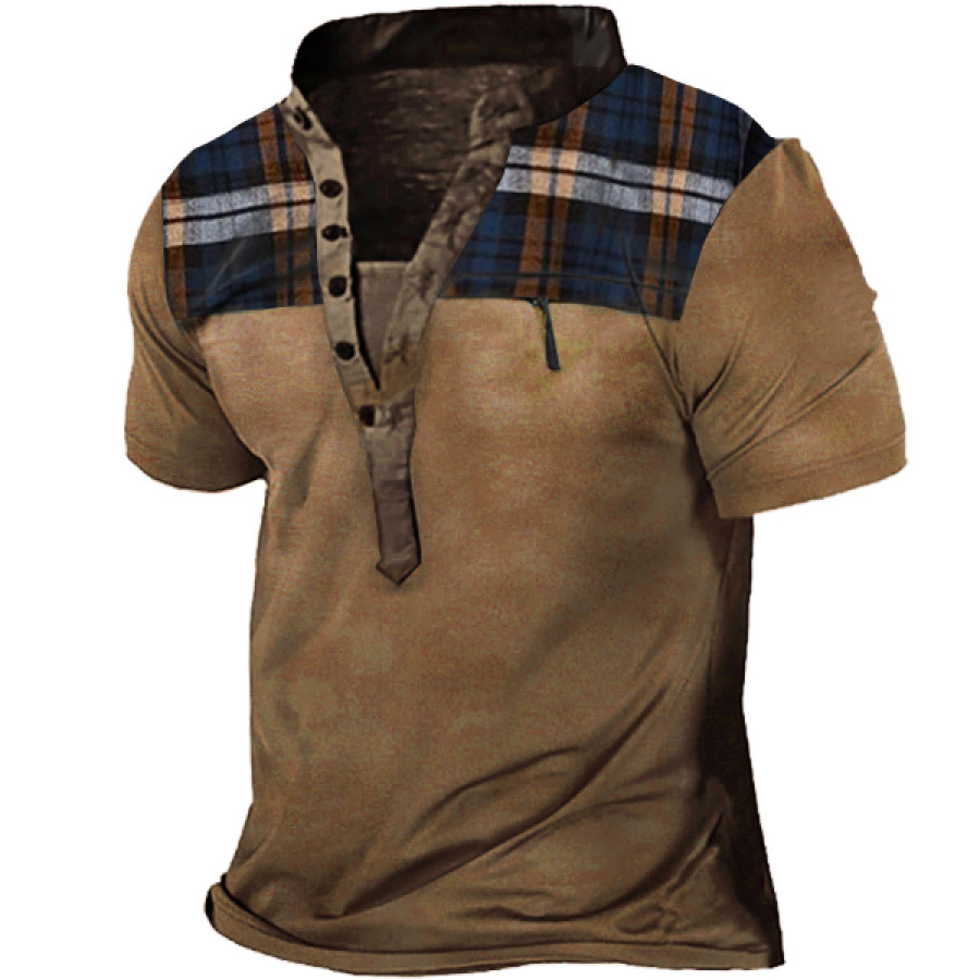 

Men's Vintage Check Panel Zip Henley T-Shirt