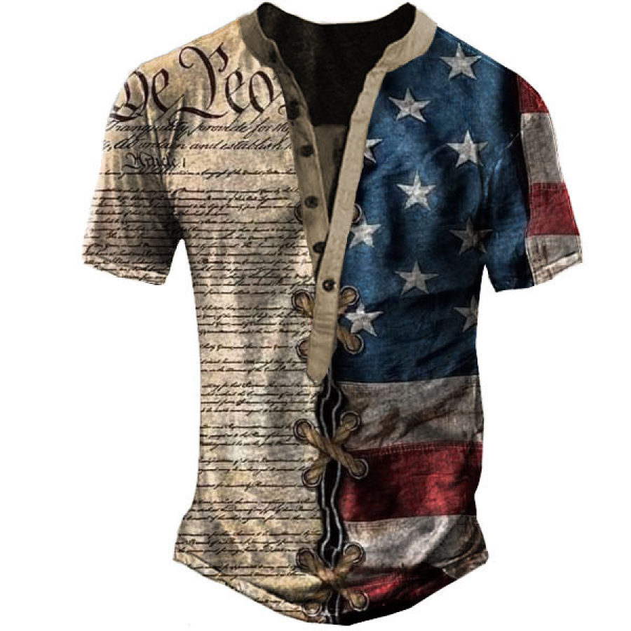 

Camiseta Masculina Vintage Henley Com Bandeira Americana