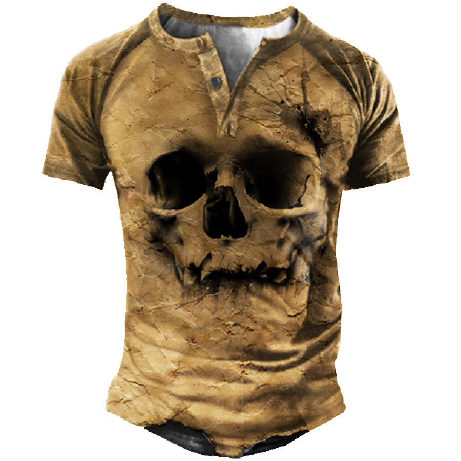 

Vintage Skull Print Men's Henley Short Sleeve T-Shirt