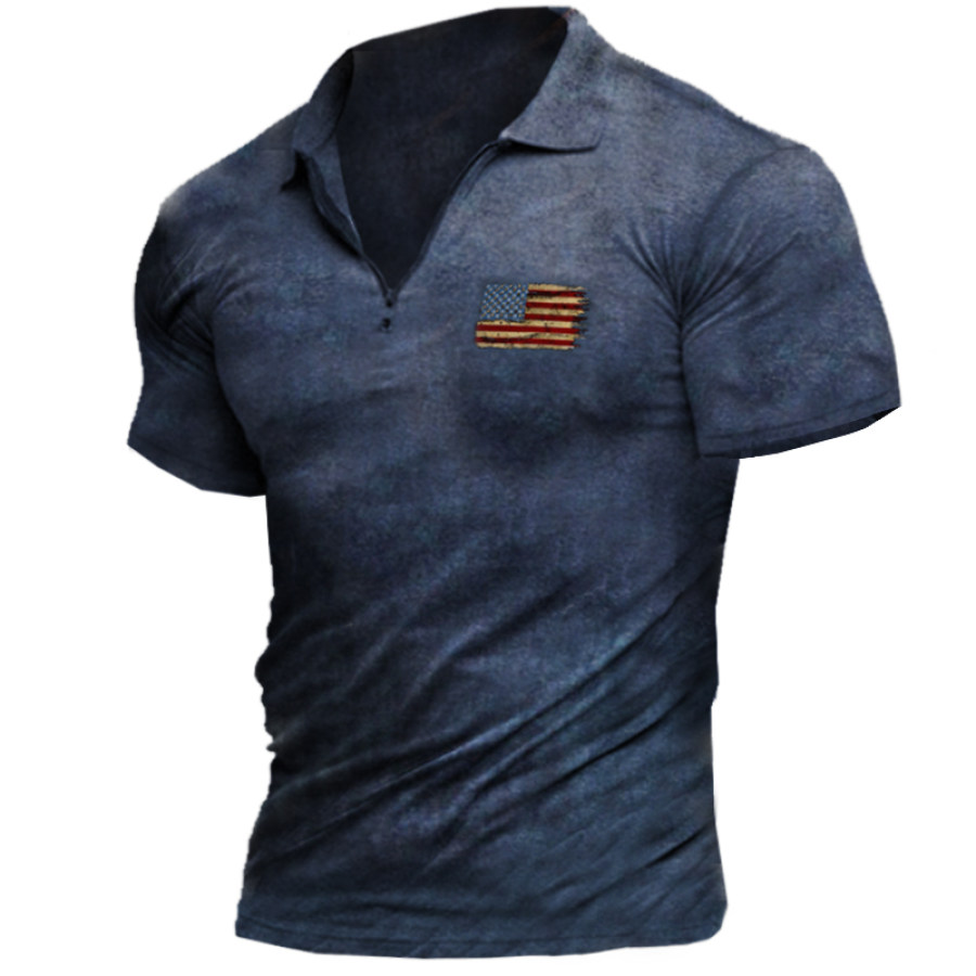 

Men's American Flag Vintage Zip Collar T-Shirt