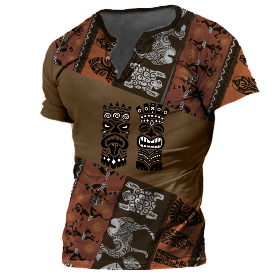 

Men's Ethnic Vintage Tiki Totem Print Henley Collar T-Shirt