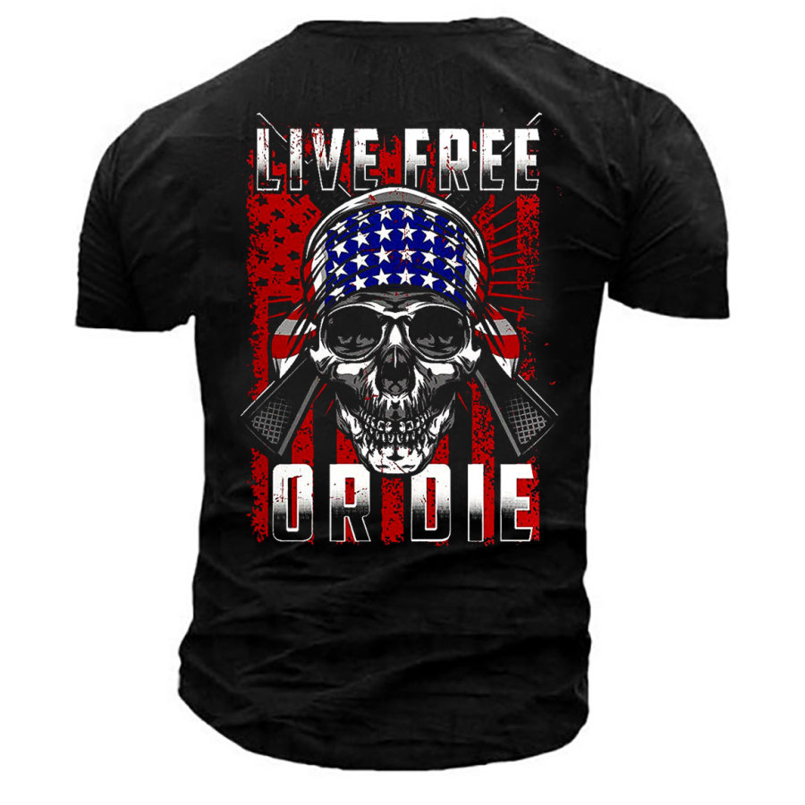 

Men's Outdoor American Flag Skull Print Cotton T-Shirt