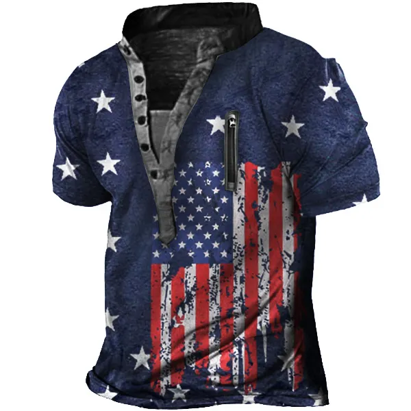 American Flag Print Men's Outdoor Zip Retro Tactical Henley Short Sleeve T-Shirt - Sanhive.com 