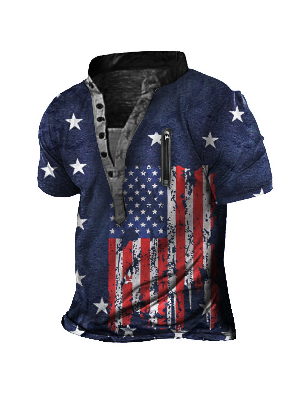 American Flag Print Men's Outdoor Zip Retro Tactical Henley Short Sleeve T-Shirt